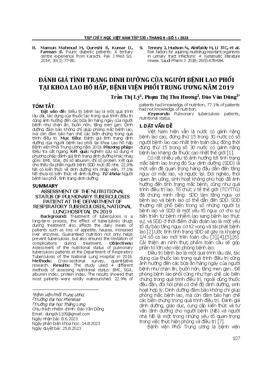 Đánh giá tình trạng dinh dưỡng của người bệnh lao phổi tại khoa lao hô hấp, bệnh viện Phổi trung ương năm 2019 = Assessment of the nutritional status of pulmonary tuberculosis patient at the department of respiratory tuberculosis, national lung hospital i