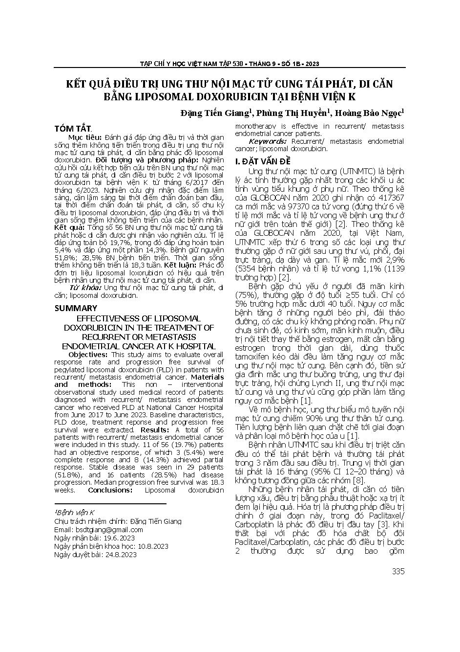 Kết quả điều trị ung thư nội mạc tử cung tái phát, di căn bằng liposomal doxorubicin tại bệnh viện K = Effectiveness of liposomal doxorubicin in the treatment of recurrent or metastasis endometrial cancer at K hospital