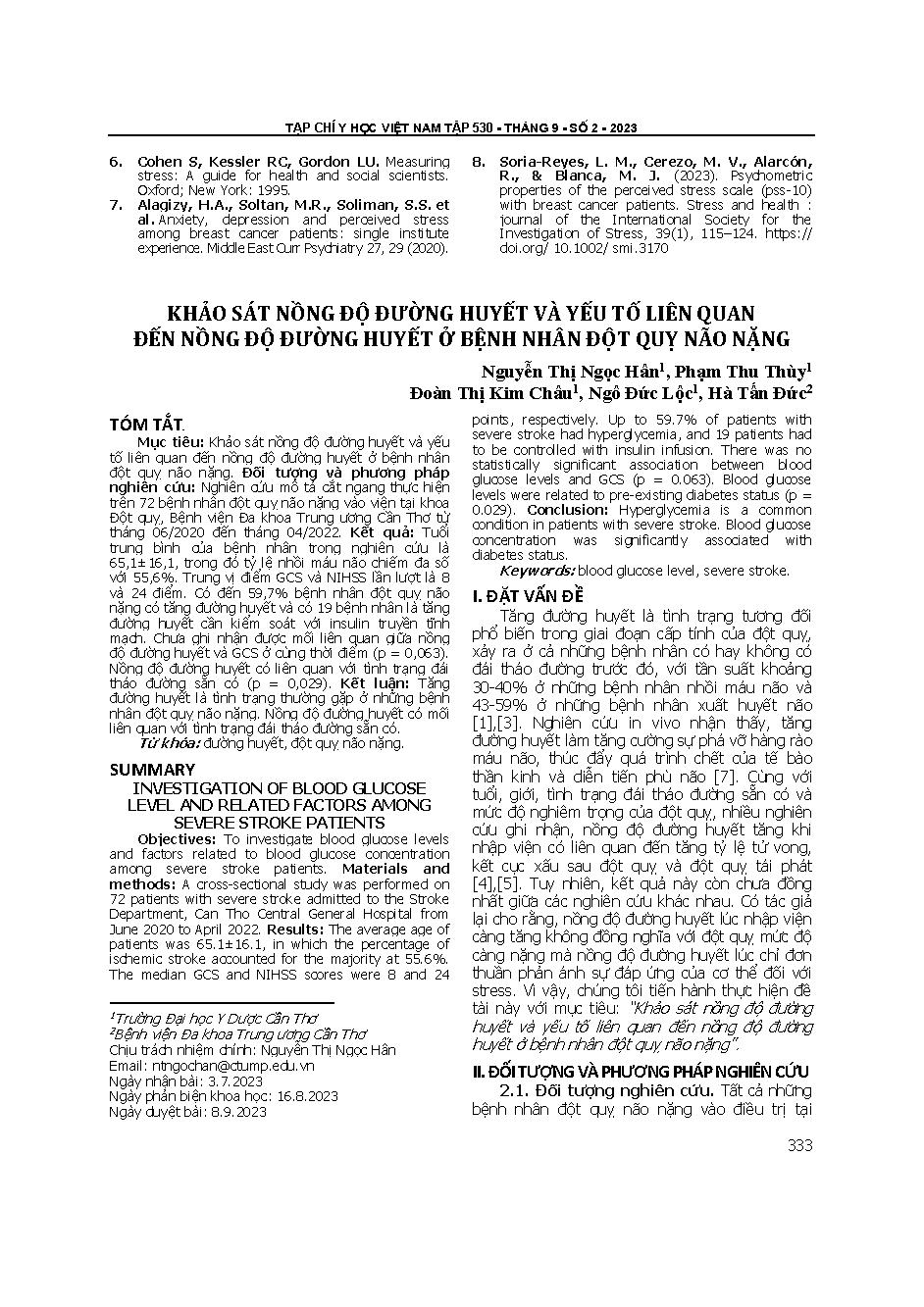 Khảo sát nồng độ đường huyết và yếu tố liên quan đến nồng độ đường huyết ở bệnh nhân đột quỵ não nặng = Investigation of blood glucose level and related factors among severe stroke patients