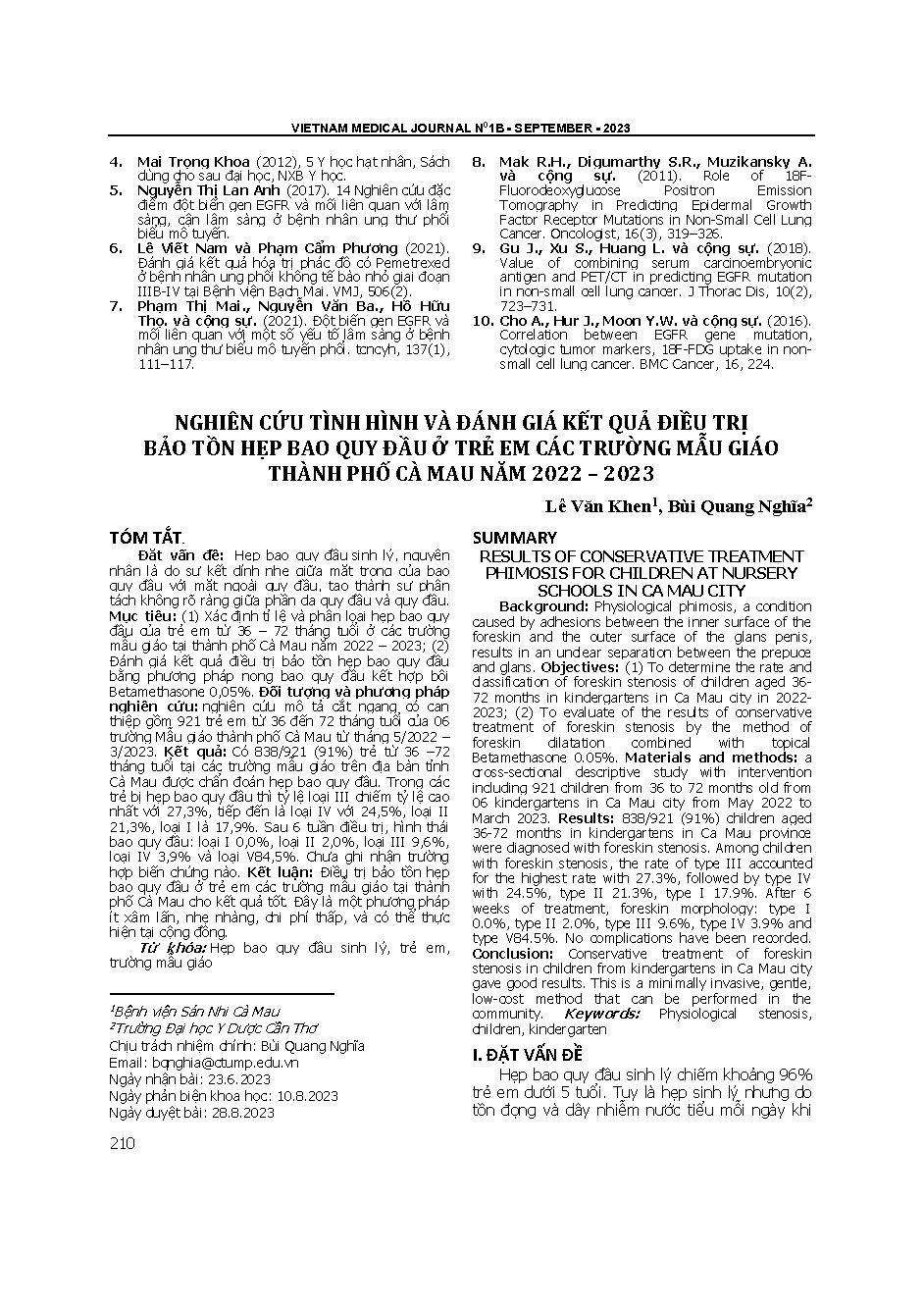 Nghiên cứu tình hình và đánh giá kết quả điều trị bảo tồn hẹp bao quy đầu ở trẻ em các trường mẫu giáo thành phố Cà Mau năm 2022 – 2023 = Results of conservative treatment phimosis for children at nursery schools in Ca Mau city