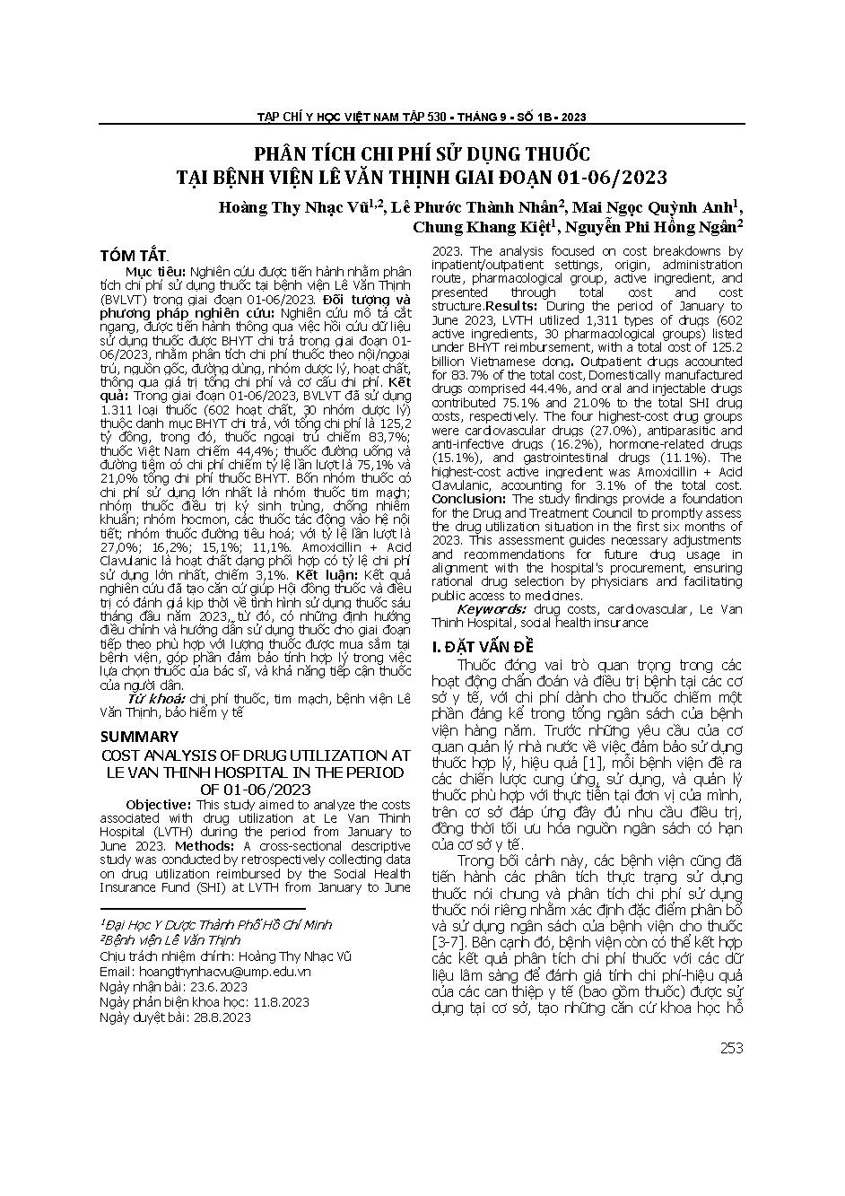 Phân tích chi phí sử dụng thuốc tại bệnh viện Lê Văn Thịnh giai đoạn 01-06/2023 = Cost analysis of drug utilization at le van thinh hospital in the period of 01-06/2023
