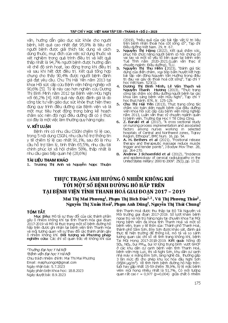 Thực trạng ảnh hưởng ô nhiễm không khí tới một số bệnh đường hô hấp trên tại bệnh viện tỉnh Thanh Hoá giai đoạn 2017 – 2019 = The status of affecting air pollution to some upper recovery disease at thanh hoa province hospital