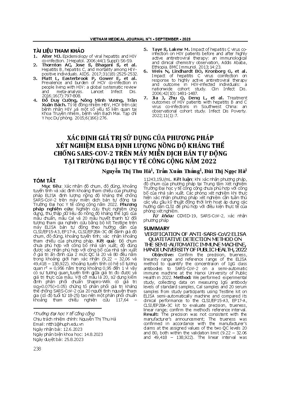 Xác định giá trị sử dụng của phương pháp xét nghiệm elisa định lượng nồng độ kháng thể chống sars-cov-2 trên máy miễn dịch bán tự động tại trường đại học y tế công cộng năm 2022 = Verification of anti-sars-cov2 elisa quatitative detection method on the se
