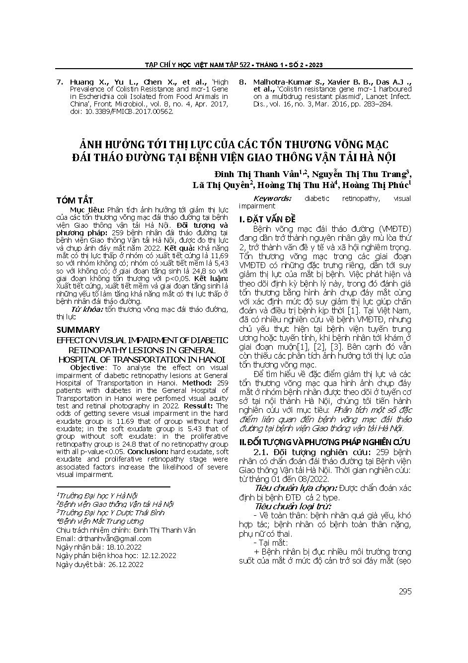 Ảnh hưởng tới thị lực của các tổn thương võng mạc đái tháo đường tại Bệnh viện Giao thông vận tải Hà Nội = Effect on visual impairment of diabetic retinopathy lesions in General hospital of transportation in Hanoi