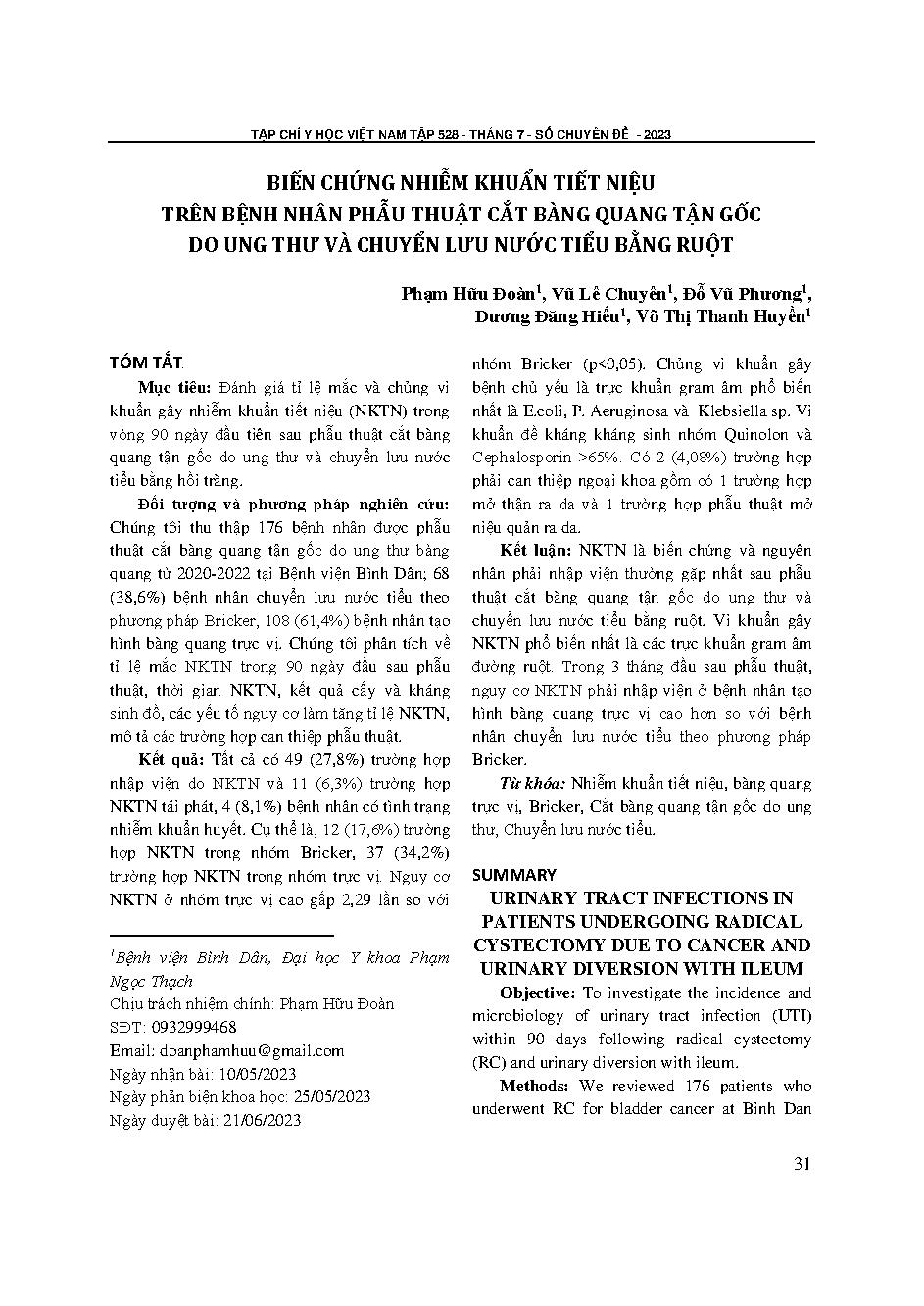Biến chứng nhiễm khuẩn tiết niệu trên bệnh nhân phẫu thuật cắt bàng quang tận gốc do ung thư và chuyển lưu nước tiểu bằng ruột