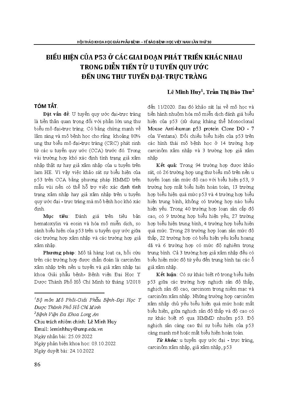 Biểu hiện của p53 ở các giai đoạn phát triển khác nhau trong diễn tiến từ u tuyến quy ước đến ung thư tuyến đại-trực tràng = Expression of p53 at different stages of development during colorectal adenoma - adenocarcinoma