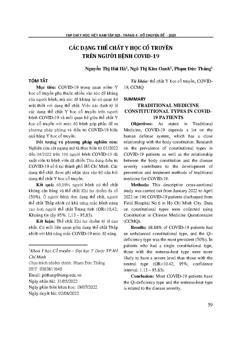 Các dạng thể chất y học cổ truyền trên người bệnh covid-19