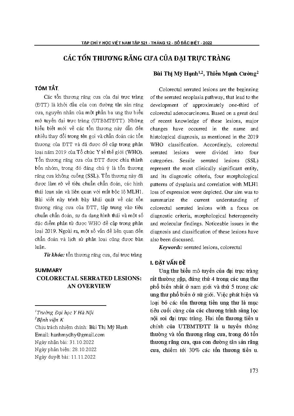 Các tổn thương răng cưa của đại trực tràng = Colorectal serrated lesions: An overview