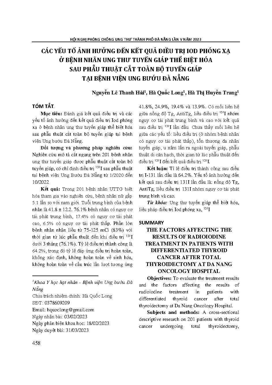 Các yếu tố ảnh hưởng đến kết quả điều trị iod phóng xạ ở bệnh nhân ung thư tuyến giáp thể biệt hóa sau phẫu thuật cắt toàn bộ tuyến giáp tại Bệnh viện Ung bướu Đà Nẵng