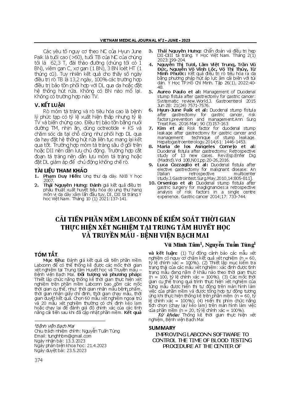 Cải tiến phần mềm Labconn để kiểm soát thời gian thực hiện xét nghiệm tại Trung tâm Huyết học và Truyền máu - Bệnh viện Bạch Mai = Improving labconn software to control the time of blood testing procedure at the center of hematology and blood transfusion 