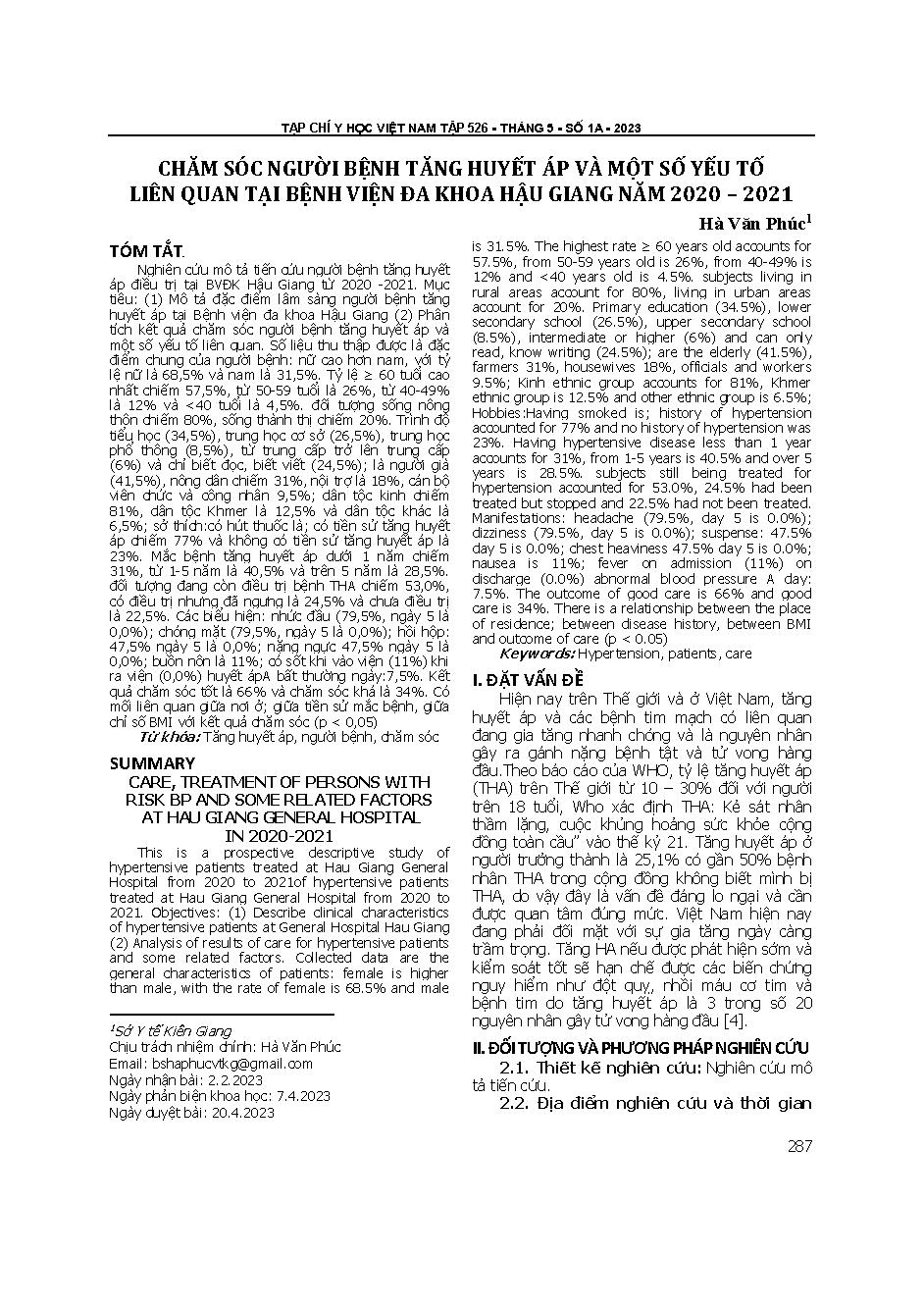 Chăm sóc người bệnh tăng huyết áp và một số yếu tố liên quan tại Bệnh viện Đa khoa Hậu Giang năm 2020 – 2021 = Care, treatment of persons with risk bp and some related factors at Hau Giang general hospital in 2020-2021