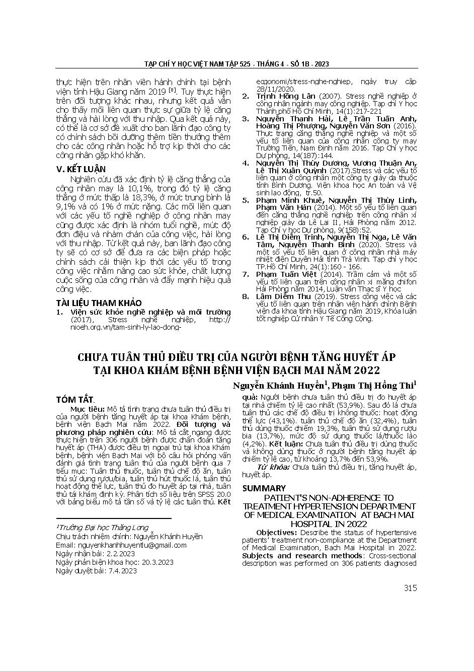 Chưa tuân thủ điều trị của người bệnh tăng huyết áp tại Khoa Khám bệnh Bệnh viện Bạch Mai năm 2022 = Patient's non-adherence to treatment hypertension department of medical examination at Bach Mai hospital in 2022
