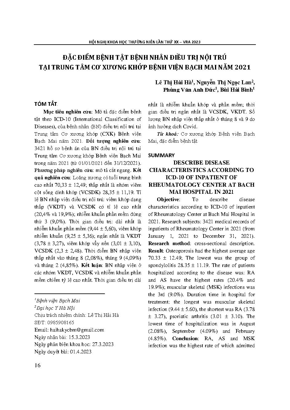 Đặc điểm bệnh tật bệnh nhân điều trị nội trú tại trung tâm cơ xương khớp Bệnh viện Bạch Mai năm 2021