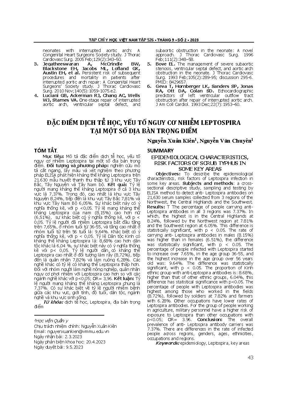 Đặc điểm dịch tễ học, yếu tố nguy cơ nhiễm Leptospira tại một số địa bàn trọng điểm = Epidemiological characteristics, risk factors of scrub typhus in some key areas