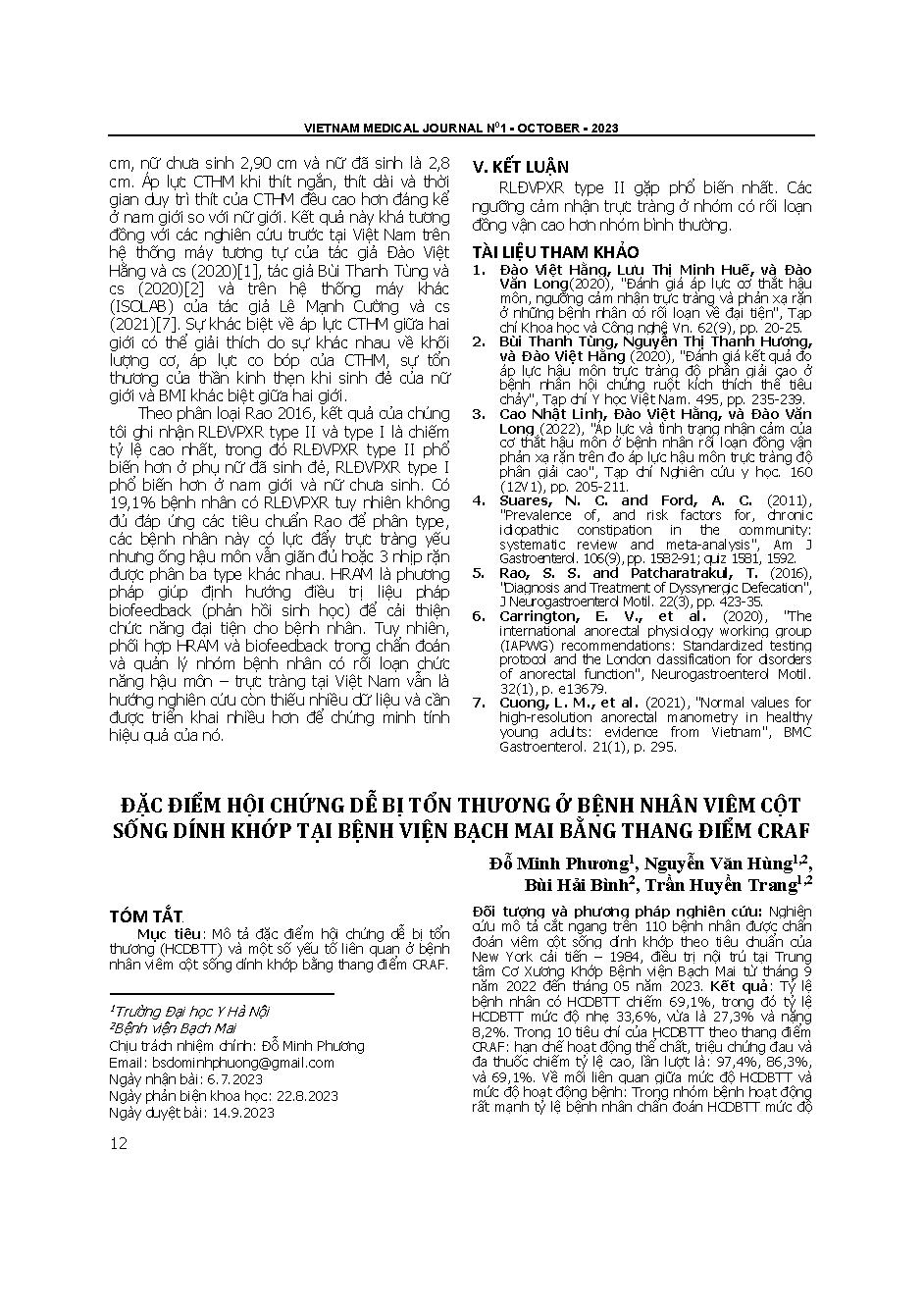 Đặc điểm hội chứng dễ bị tổn thương ở bệnh nhân viêm cột sống dính khớp tại bệnh viện bạch mai bằng thang điểm CRAF = Characteristics of frailty syndrome in patients with ankylosing spondylitis at Bach Mai hospital by CRAF score