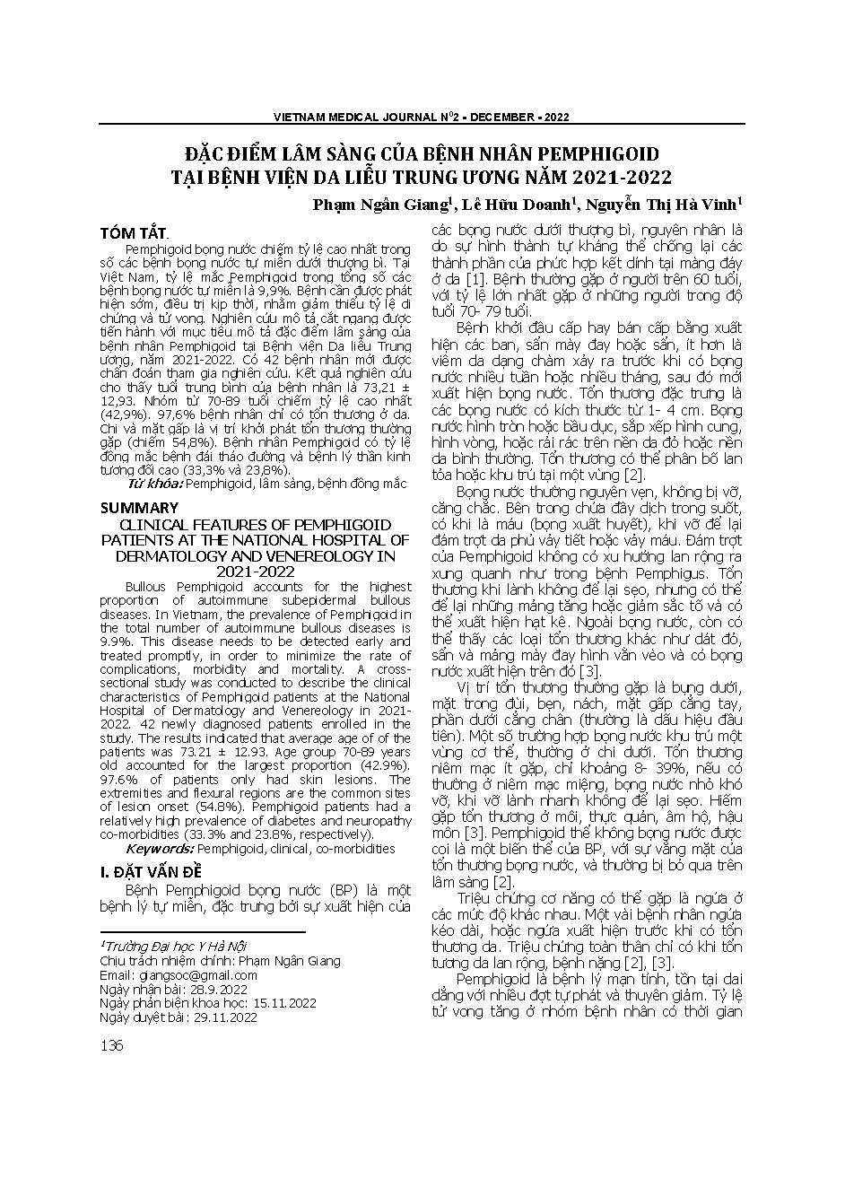 Đặc điểm lâm sàng của bệnh nhân pemphigoid tại Bệnh viện Da liễu Trung ương năm 2021-2022 = Clinical features of pemphigoid patients at the National hospital of dermatology and venereology in 2021-2022