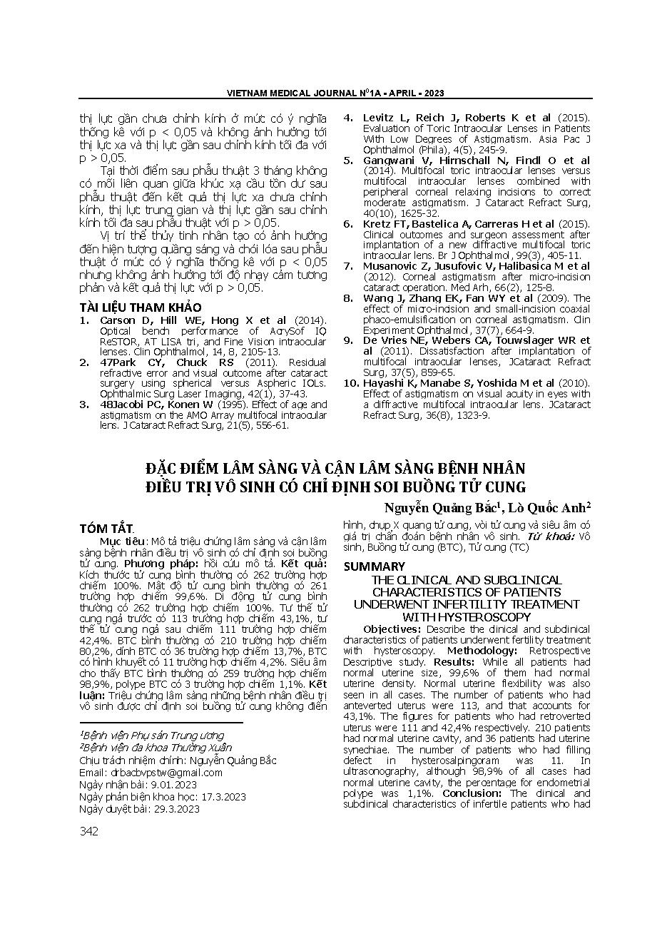 Đặc điểm lâm sàng và cận lâm sàng bệnh nhân điều trị vô sinh có chỉ định soi buồng tử cung = The clinical and subclinical characteristics of patients underwent infertility treatment with hysteroscopy