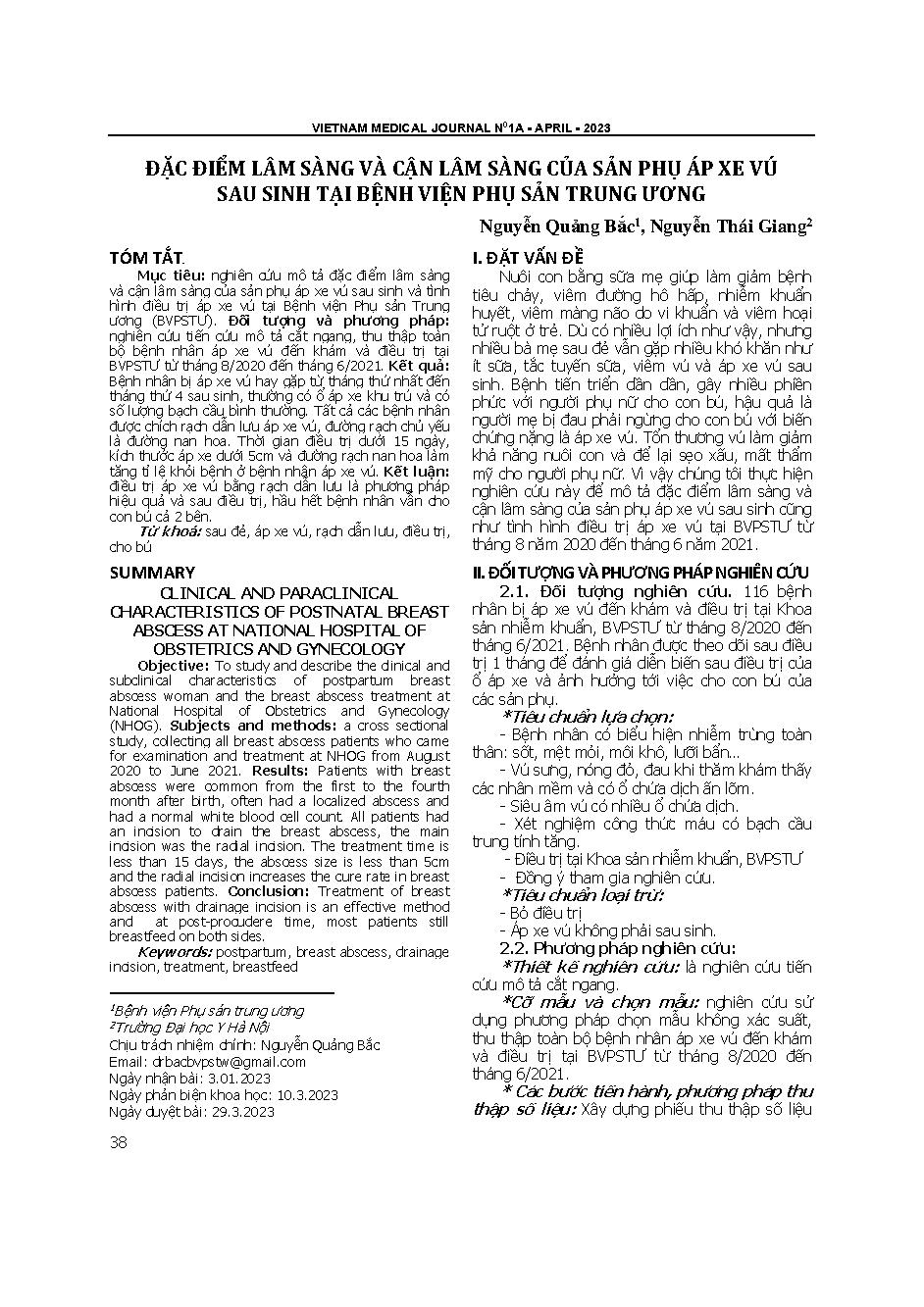 Đặc điểm lâm sàng và cận lâm sàng của sản phụ áp xe vú sau sinh tại Bệnh viện Phụ sản Trung ương = Clinical and paraclinical characteristics of postnatal breast abscess at national hospital of obstetrics and gynecology