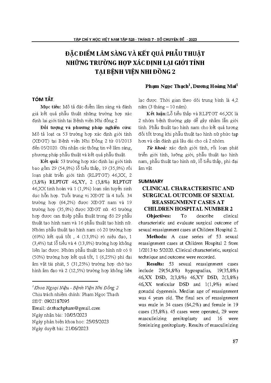 Đặc điểm lâm sàng và kết quả phẫu thuật những trường hợp xác định lại giới tính tại Bệnh viện Nhi đồng 2