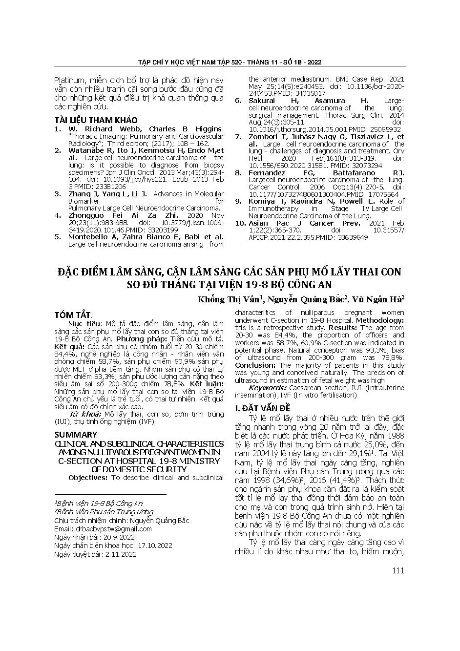 Đặc điểm lâm sàng, cận lâm sàng các sản phụ mổ lấy thai con so đủ tháng tại Viện 19-8 Bộ Công an = Clinical and subclinical characteristics among nulliparous pregnant women in C-section at Hospital 19-8 ministry of domestic security
