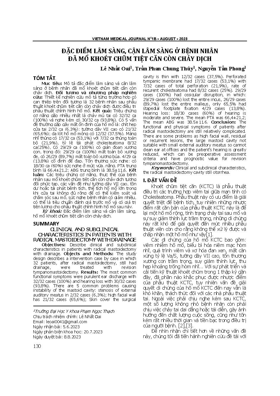 Đặc điểm lâm sàng, cận lâm sàng ở bệnh nhân đã mổ khoét chũm tiệt căn còn chảy dịch
