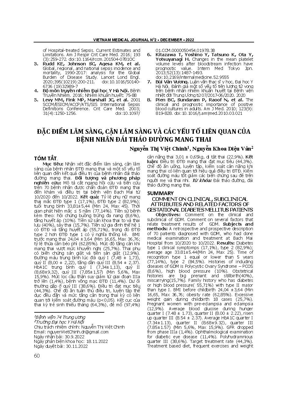 Đặc điểm lâm sàng, cận lâm sàng và các yếu tố liên quan của bệnh nhân đái tháo đường mang thai = Comment on clinical, subclinical attributes and related factors of gestational diabetes mellitus patients
