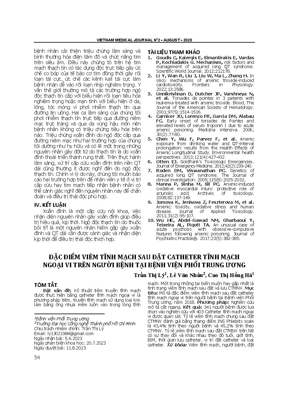 Đặc điểm viêm tĩnh mạch sau đặt catheter tĩnh mạch ngoại vi trên người bệnh tại Bệnh viện Phổi Trung ương