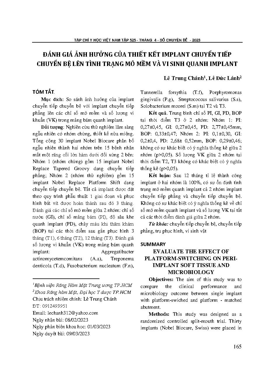 Đánh giá ảnh hưởng của thiết kết implant chuyển tiếp chuyển bệ lên tình trạng mô mềm và vi sinh quanh implant