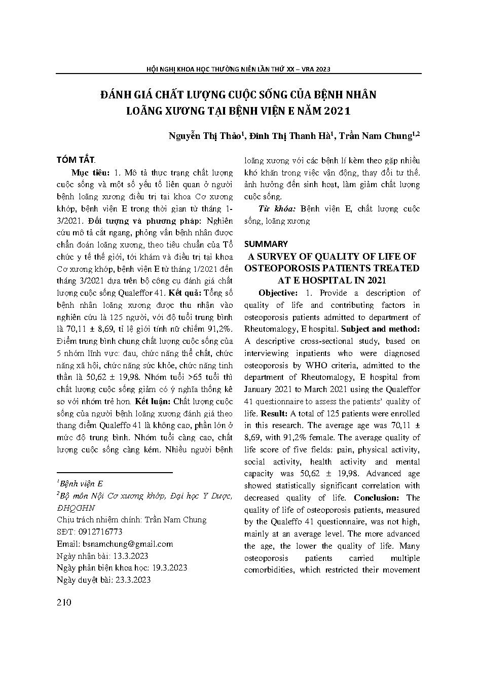 Đánh giá chất lượng cuộc sống của bệnh nhân loãng xương tại bệnh viện e năm 2021