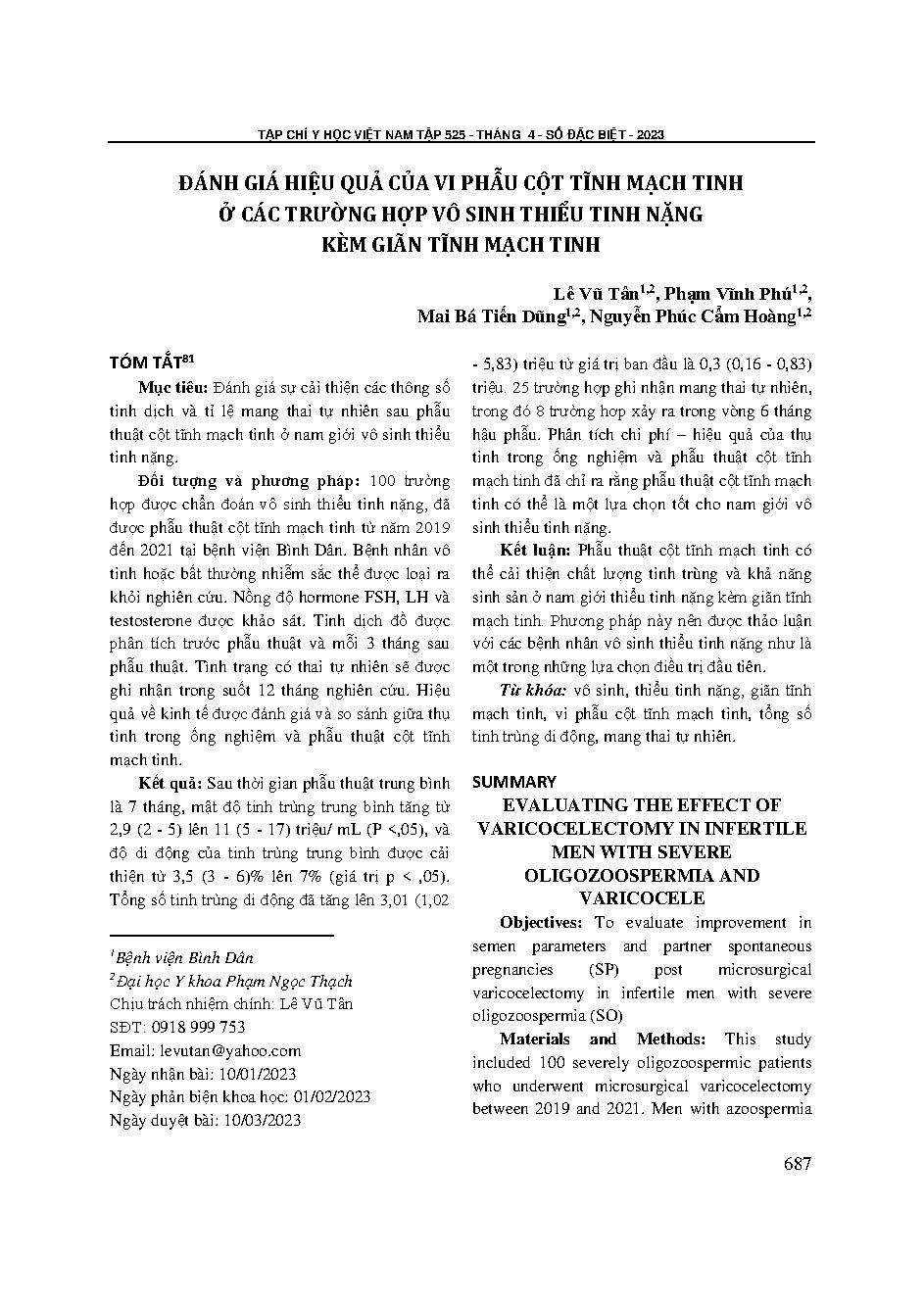 Đánh giá hiệu quả của vi phẫu cột tĩnh mạch tinh ở các trường hợp vô sinh thiểu tinh nặng kèm giãn tĩnh mạch tinh