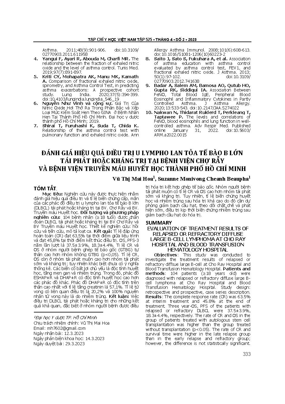 Đánh giá hiệu quả điều trị u lympho lan tỏa tế bào B lớn tái phát hoặc kháng trị tại Bệnh viện Chợ Rẫy và Bệnh viện Truyền máu Huyết học thành phố Hồ Chí Minh = Evaluation of treatment results of relapsed or refractory diffuse large B-cell lymphoma at Cho