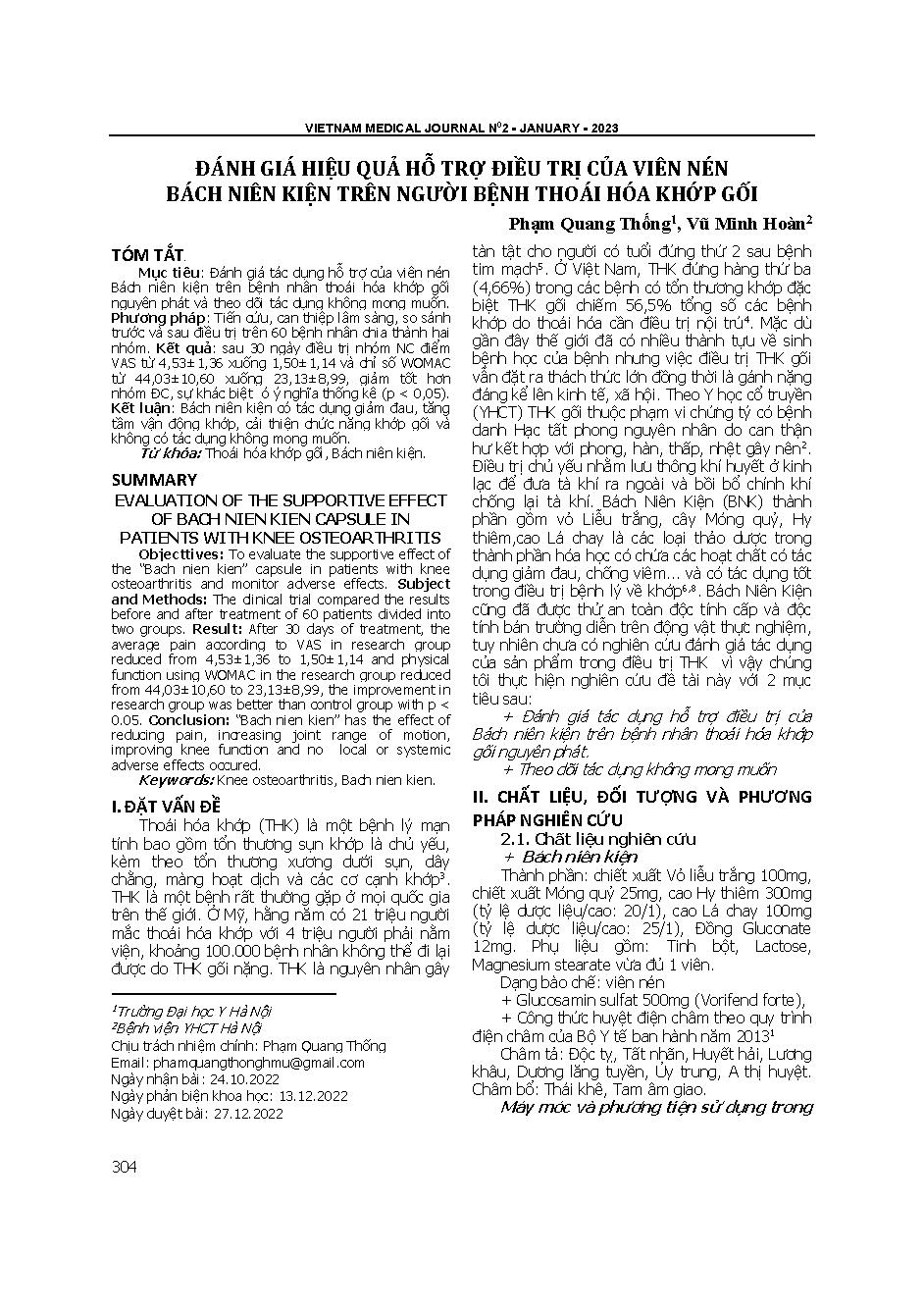Đánh giá hiệu quả hỗ trợ điều trị của viên nén bách niên kiện trên người bệnh thoái hóa khớp gối = Evaluation of the supportive effect of Bach Nien Kien capsule in patients with knee osteoarthritis