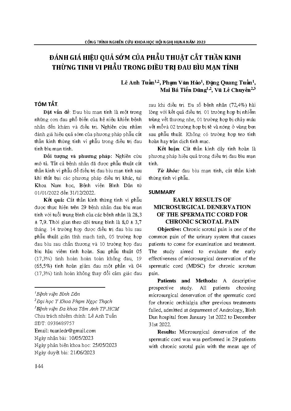 Đánh giá hiệu quả sớm của phẫu thuật cắt thần kinh thừng tinh vi phẫu trong điều trị đau bìu mạn tính