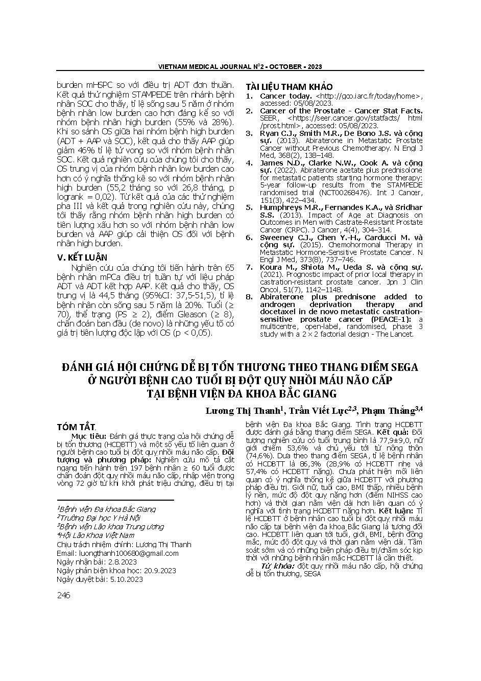 Đánh giá hội chứng dễ bị tổn thương theo thang điểm SEGA ở người bệnh cao tuổi bị đột quỵ nhồi máu não cấp tại Bệnh viện Đa khoa Bắc Giang = Assess the frailty syndrome using the SEGA scale in elderly patients with acute ischemic stroke at Bac Giang gener