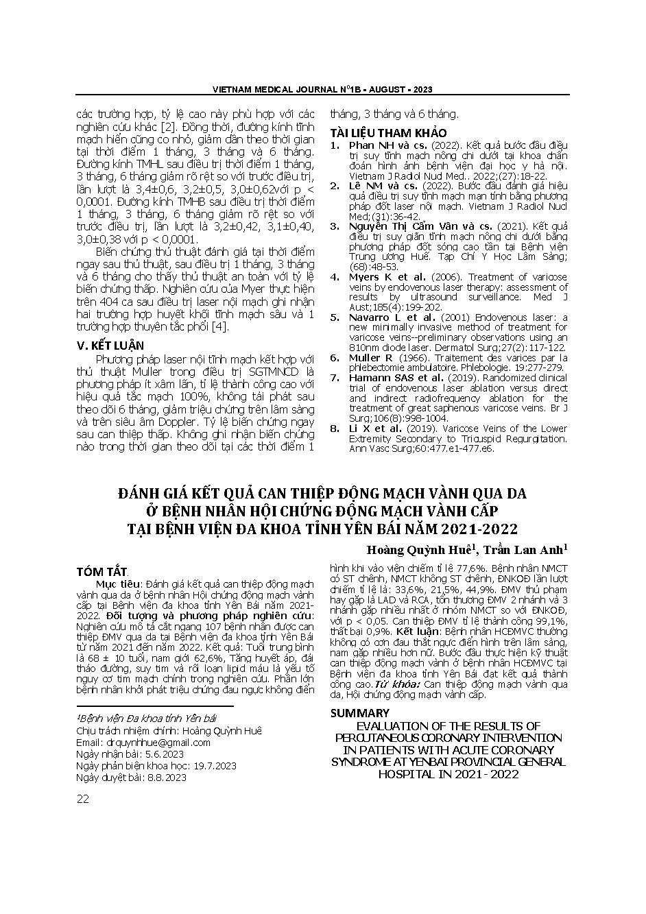 Đánh giá kết quả can thiệp động mạch vành qua da ở bệnh nhân hội chứng động mạch vành cấp tại Bệnh viện Đa khoa tỉnh Yên Bái năm 2021-2022