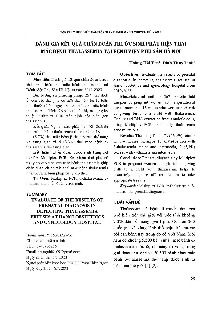 Đánh giá kết quả chẩn đoán trước sinh phát hiện thai mắc bệnh thalassemia tại Bệnh viện Phụ sản Hà Nội