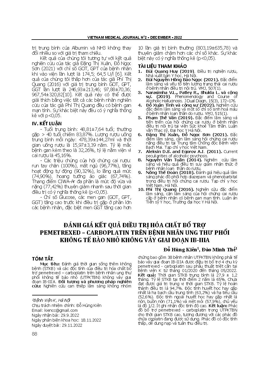 Đánh giá kết quả điều trị hóa chất bổ trợ pemetrexed – carboplatin trên bệnh nhân ung thư phổi không tế bào nhỏ không vảy giai đoạn IB-IIIA = Evaluating the results of adjuvant chemotherapy of pemetrexed plus carboplatin in patients with stage IB-IIIA non
