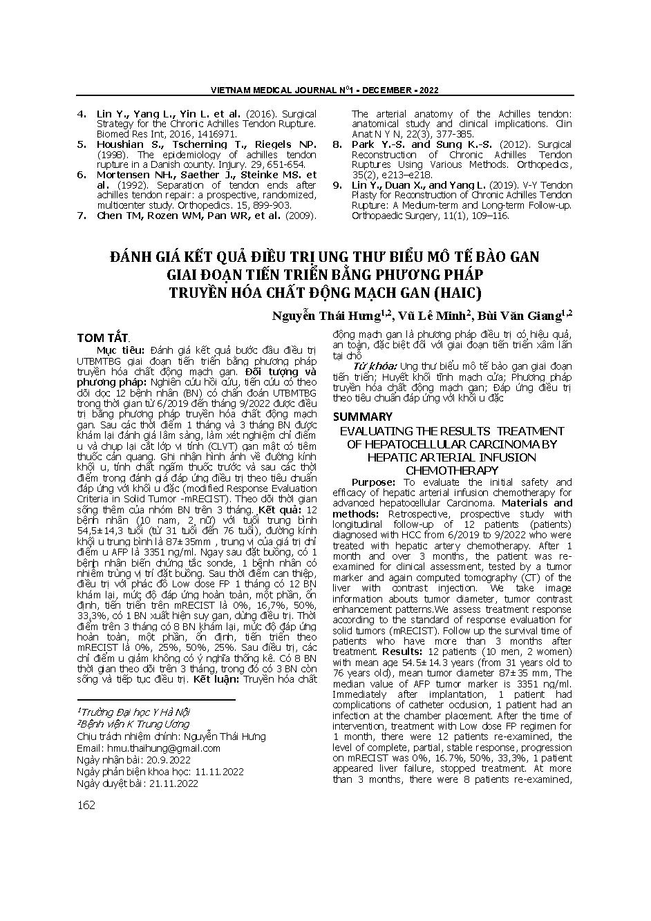 Đánh giá kết quả điều trị ung thư biểu mô tế bào gan giai đoạn tiến triển bằng phương pháp truyền hóa chất động mạch gan (HAIC) = Evaluating the results treatment of hepatocellular carcinoma by hepatic arterial infusion chemotherapy