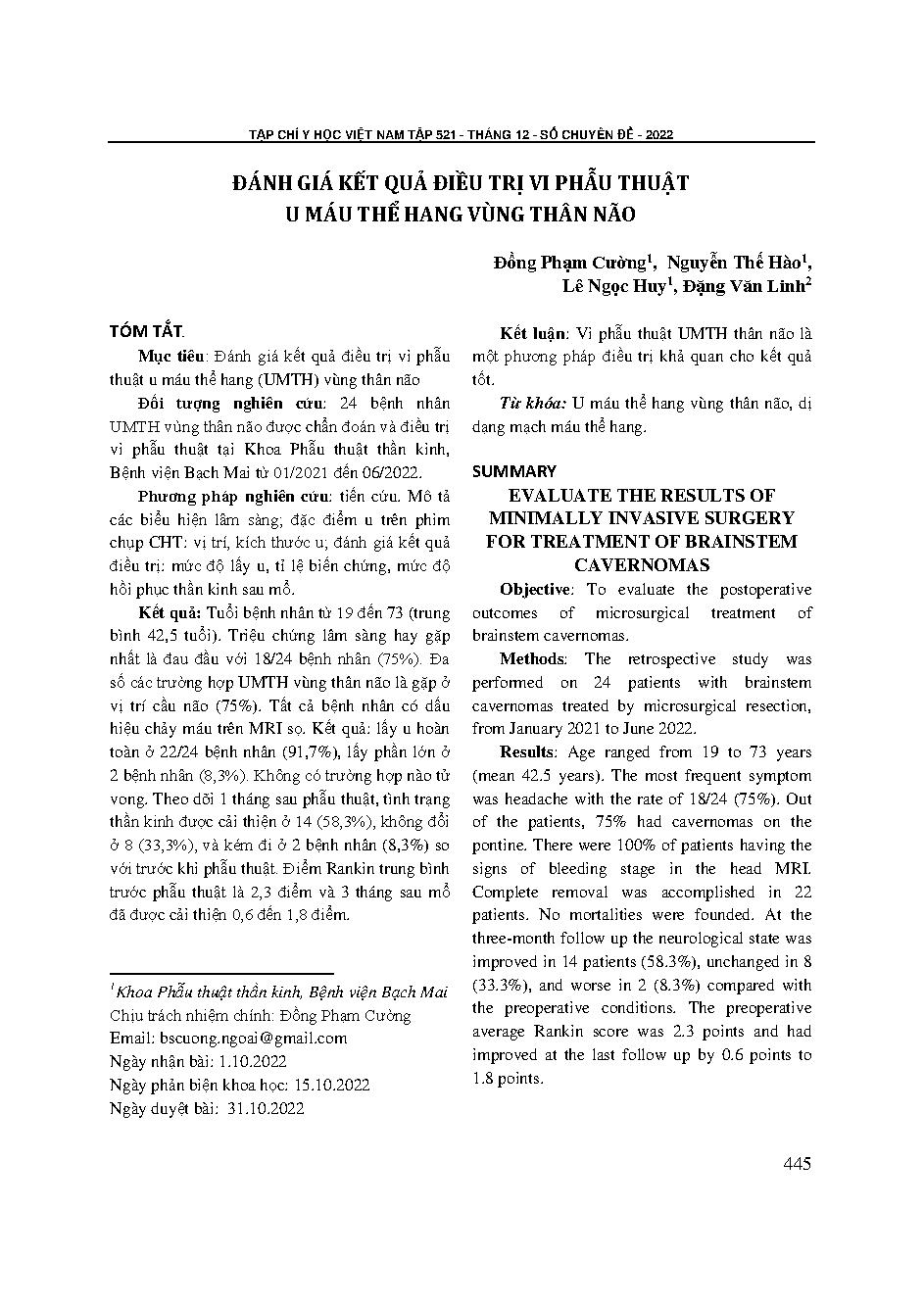 Đánh giá kết quả điều trị vi phẫu thuật u máu thể hang vùng thân não = Evaluate the results of minimally invasive surgery for treatment of brainstem cavernomas