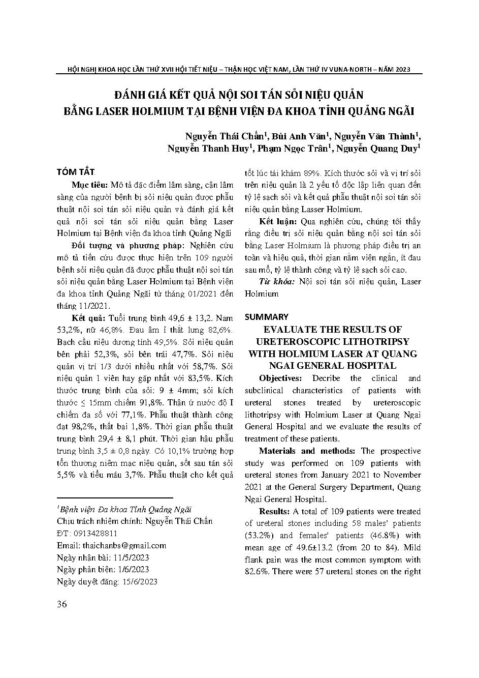 Đánh giá kết quả nội soi tán sỏi niệu quản bằng laser holmium tại Bệnh viện Đa khoa tỉnh Quảng Ngãi