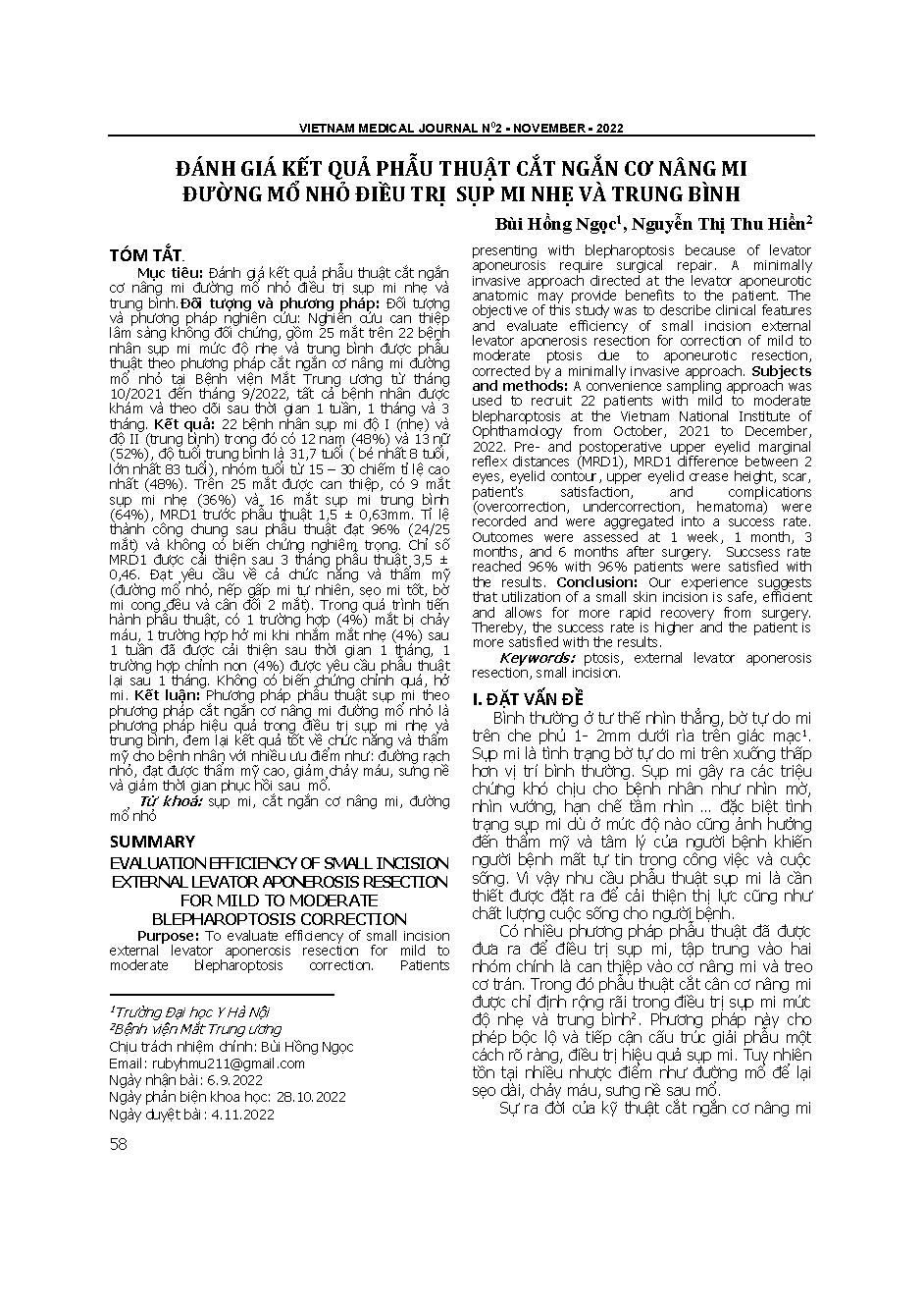 Đánh giá kết quả phẫu thuật cắt ngắn cơ nâng mi đường mổ nhỏ điều trị sụp mi nhẹ và trung bình = Evaluation efficiency of small incision external levator aponeurosis resection for mild to moderate blepharoptosis correction