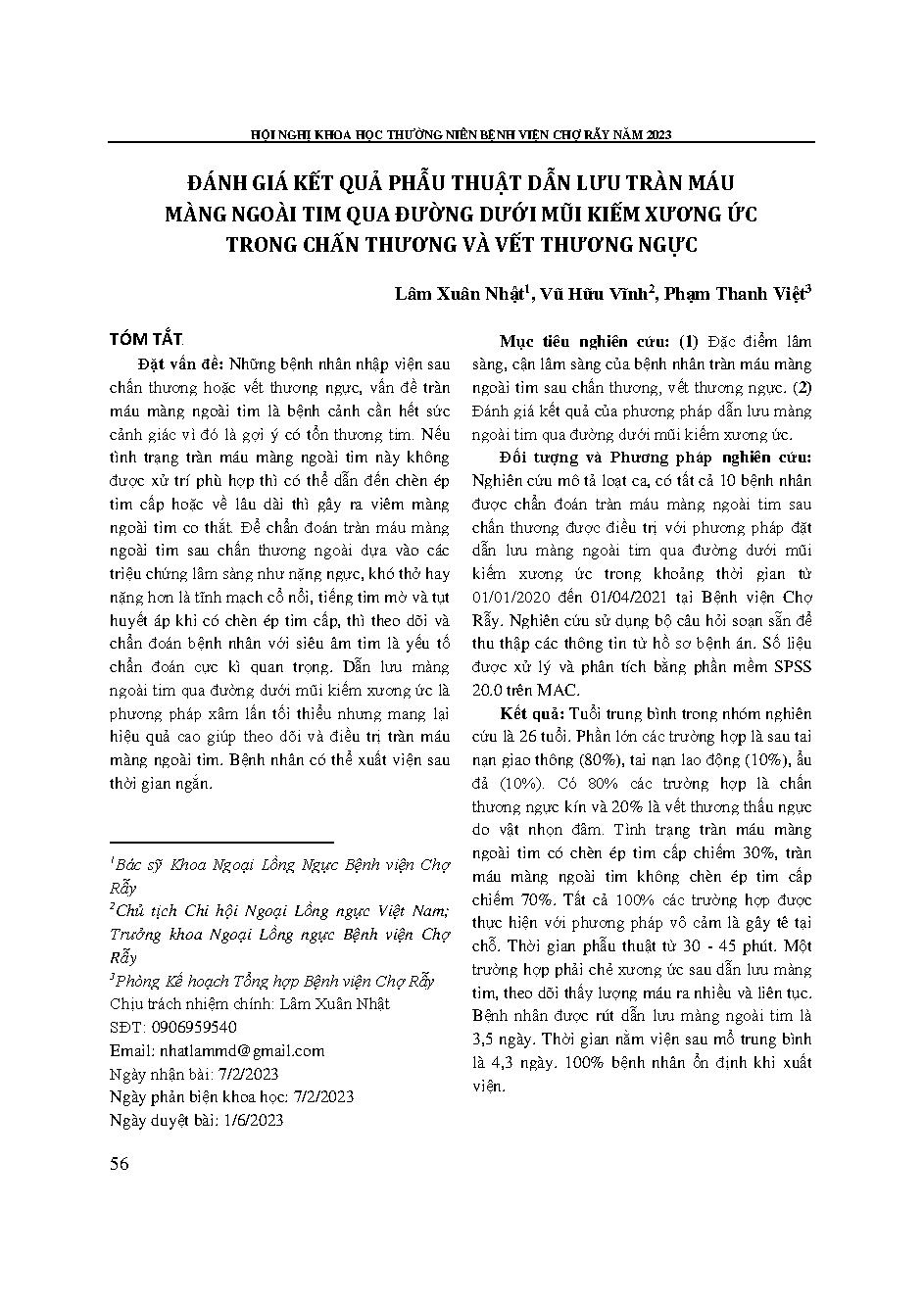 Đánh giá kết quả phẫu thuật dẫn lưu tràn máu màng ngoài tim qua đường dưới mũi kiếm xương ức trong chấn thương và vết thương ngực