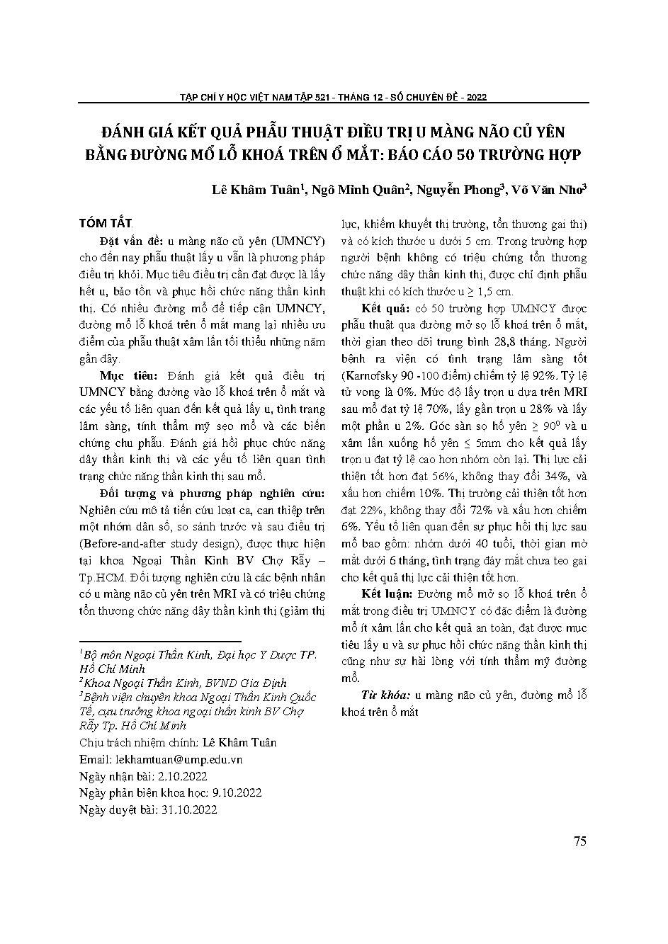 Đánh giá kết quả phẫu thuật điều trị u màng não củ yên bằng đường mổ lỗ khoá trên ổ mắt: Báo cáo 50 trường hợp = Outcome assessment after surgical treatment of tuberculum sellae meningiomas by using supraorbital keyhole approach: 50 cases report