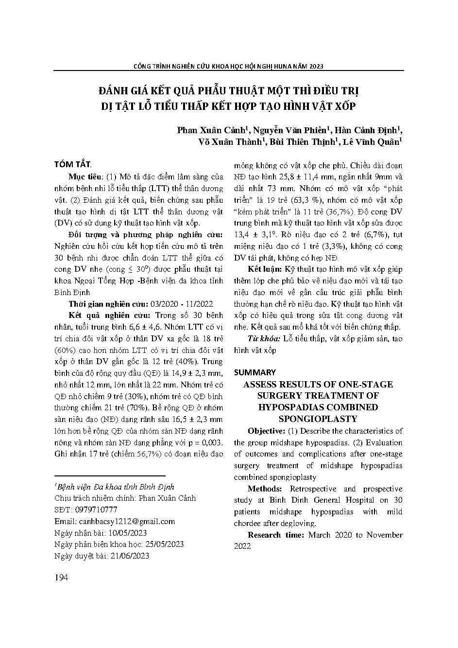 Đánh giá kết quả phẫu thuật một thì điều trị dị tật lỗ tiểu thấp kết hợp tạo hình vật xốp