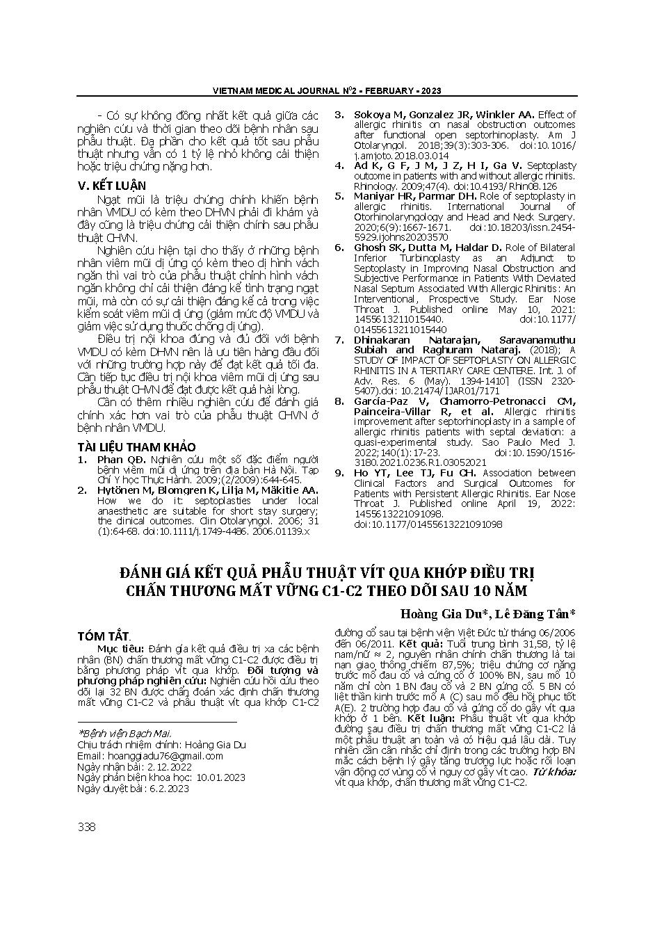 Đánh giá kết quả phẫu thuật vít qua khớp điều trị chấn thương mất vững C1-C2 theo dõi sau 10 năm = Evaluation results of transarticular screw surgery for C1-C2 instability fracture long term followup
