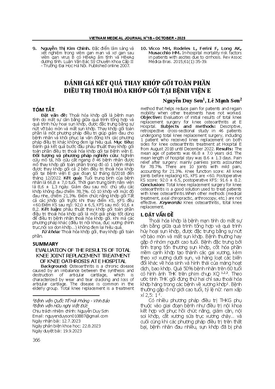 Đánh giá kết quả thay khớp gối toàn phần điều trị thoái hóa khớp gối tại Bệnh viện E = Evaluation of the results of total knee joint replacement treatment of knee arthritis at E hospital