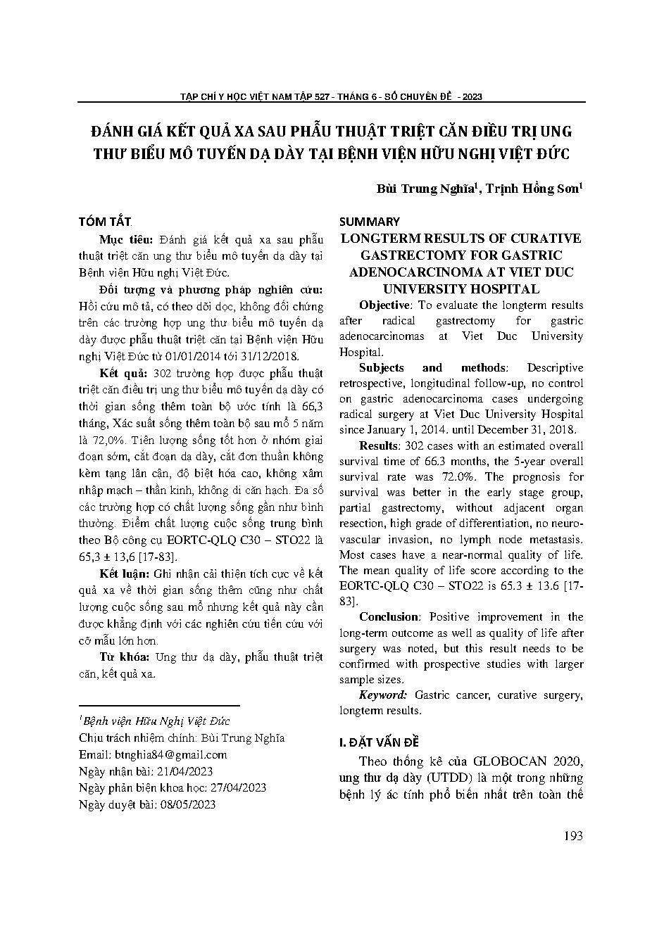 Đánh giá kết quả xa sau phẫu thuật triệt căn điều trị ung thư biểu mô tuyến dạ dày tại Bệnh viện Hữu Nghị Việt Đức