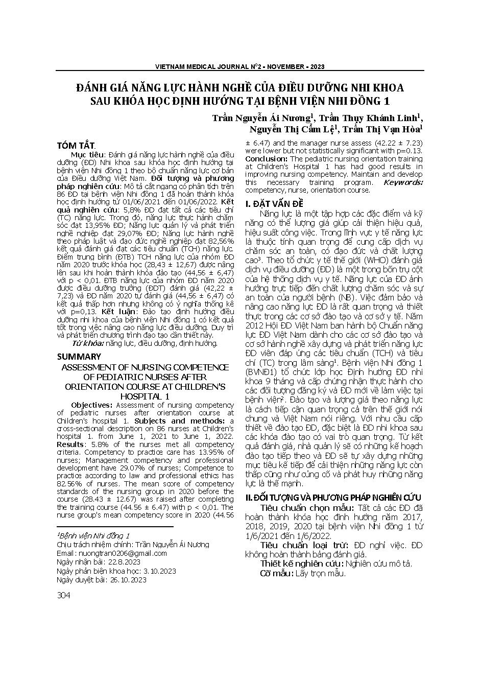 Đánh giá năng lực hành nghề của điều dưỡng nhi khoa sau khóa học định hướng tại Bệnh viện Nhi đồng 1 = Assessment of nursing competence of pediatric nurses after orientation course at Children's hospital 1