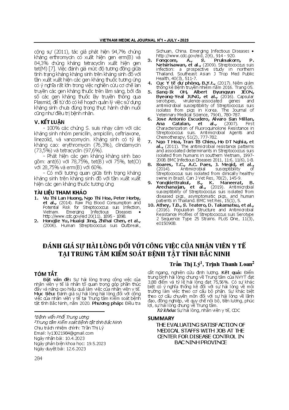 Đánh giá sự hài lòng đối với công việc của nhân viên y tế tại Trung tâm Kiểm soát Bệnh tật tỉnh Bắc Ninh = The evaluating satisfaction of medical staffs with job at the Center for disease control in Bac Ninh province