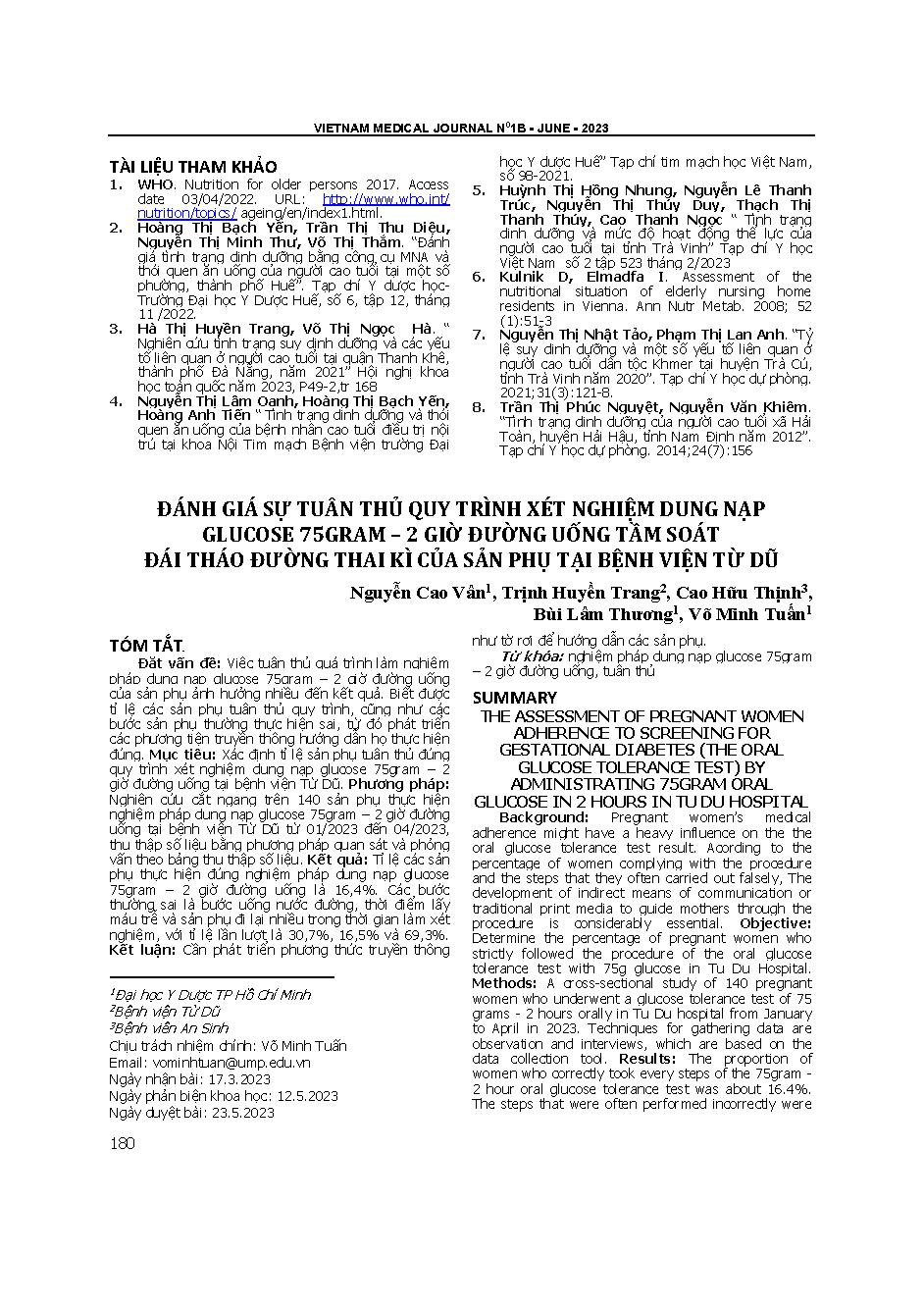 Đánh giá sự tuân thủ quy trình xét nghiệm dung nạp glucose 75gram - 2 giờ đường uống tầm soát đái tháo đường thai kỳ của sản phụ tại Bệnh viện Từ Dũ = The assessment of pregnant women adherence to screening for gestational diabetes (the oral glucose toler